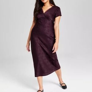 Macys NWOT And Now This satin bow print Purple v-neck Tie Back lace midi dress M